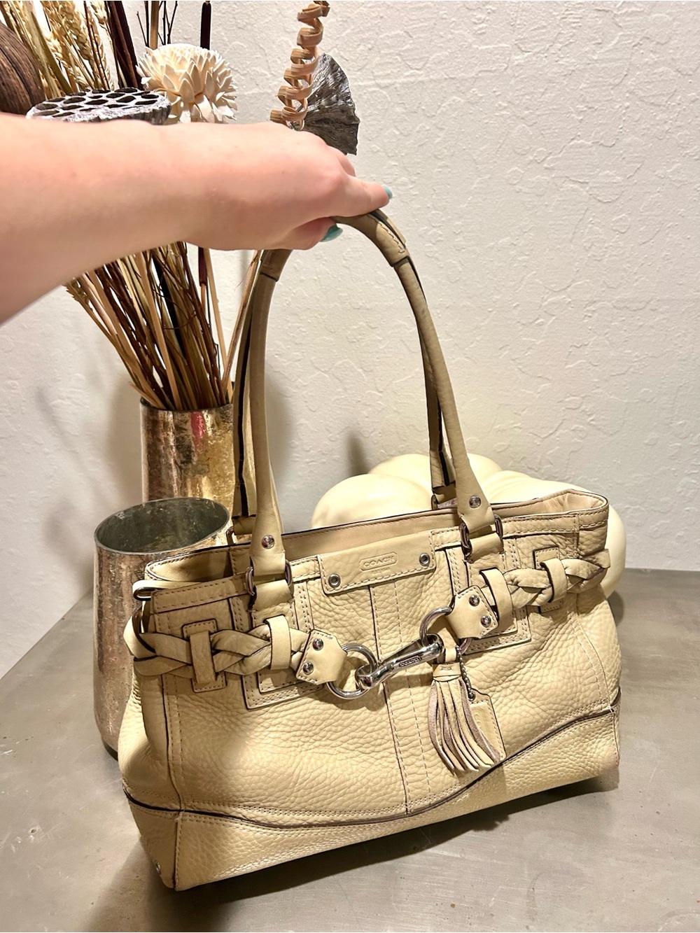 Coach Cream Leather Shoulder Bag with Braided Trim